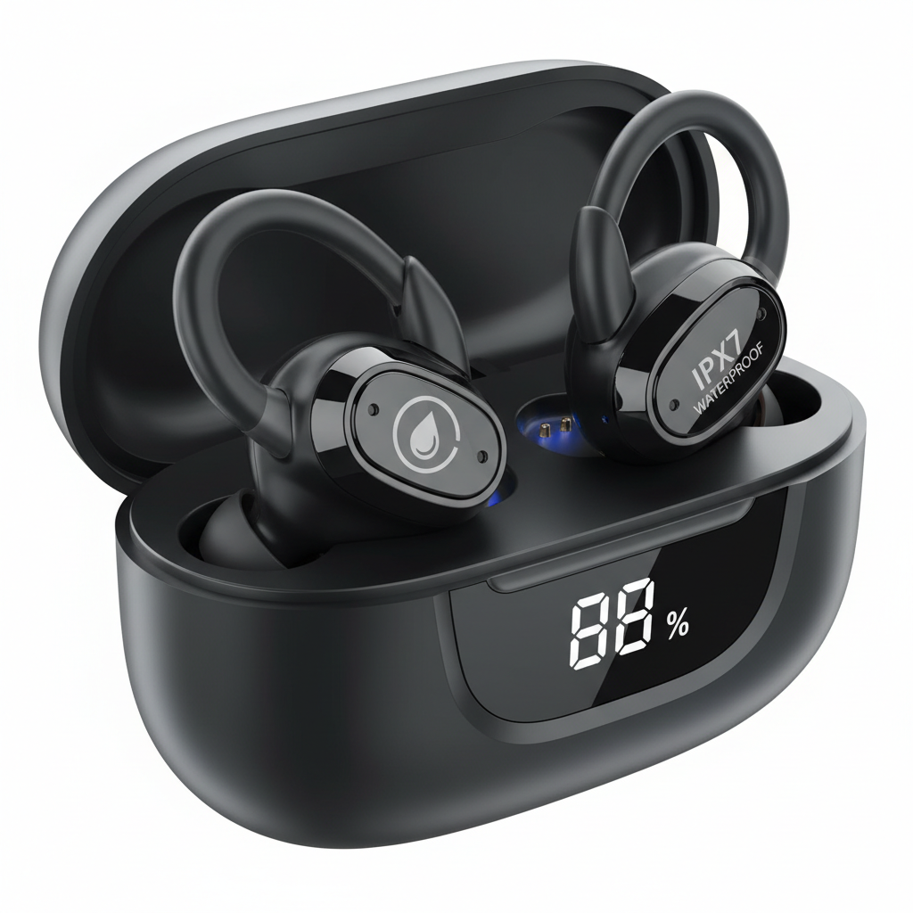 Active Noise Cancelling Wireless Earbuds Bluetooth Headphones 90 Hrs Playtime Ear Buds with Power Display Over-Ear Earphones with Earhooks IPX7 Waterproof Stereo Transparency Headset for Sports/Gym