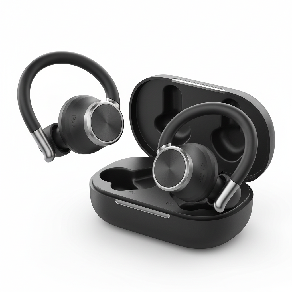 occiam Active Noise Cancelling Earbuds Wireless Bluetooth Headphones Ear Buds 90Hrs Playback Stereo Bass Earphones with Mic Over-Ear Hooks IPX7 Waterproof Headset for Work Sports Running Gym Black