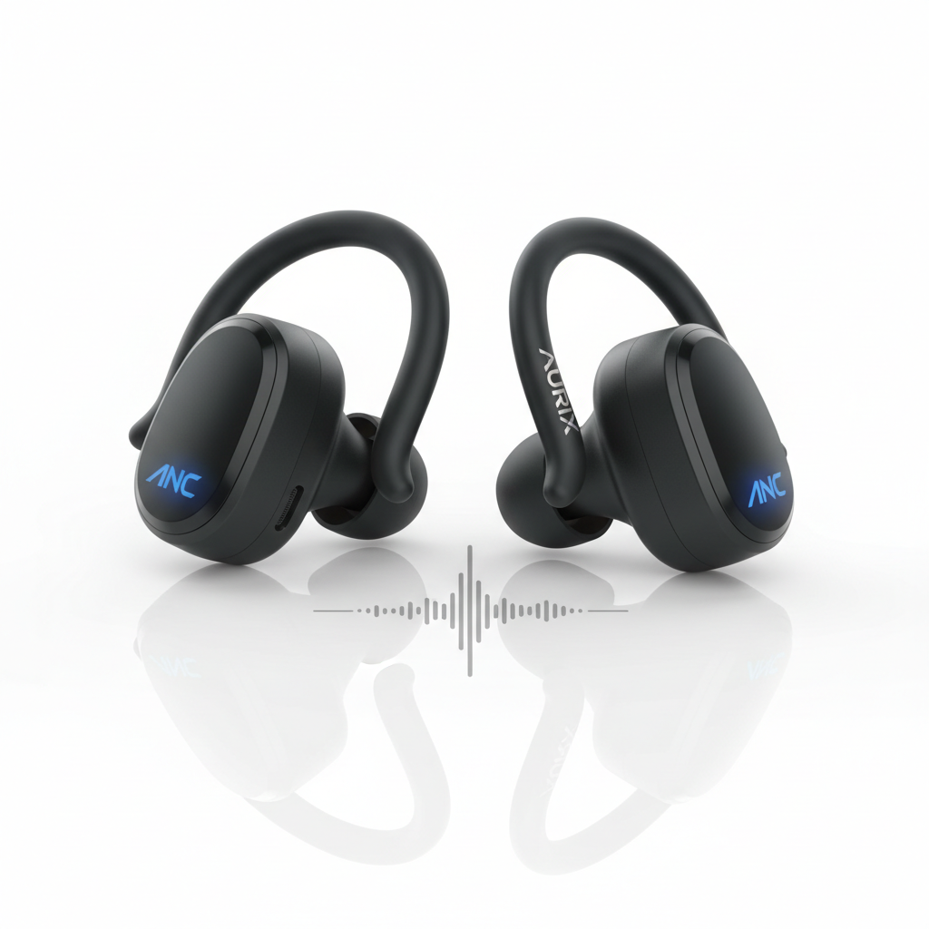 occiam Active Noise Cancelling Earbuds Wireless Bluetooth Headphones Ear Buds 90Hrs Playback Stereo Bass Earphones with Mic Over-Ear Hooks IPX7 Waterproof Headset for Work Sports Running Gym Black