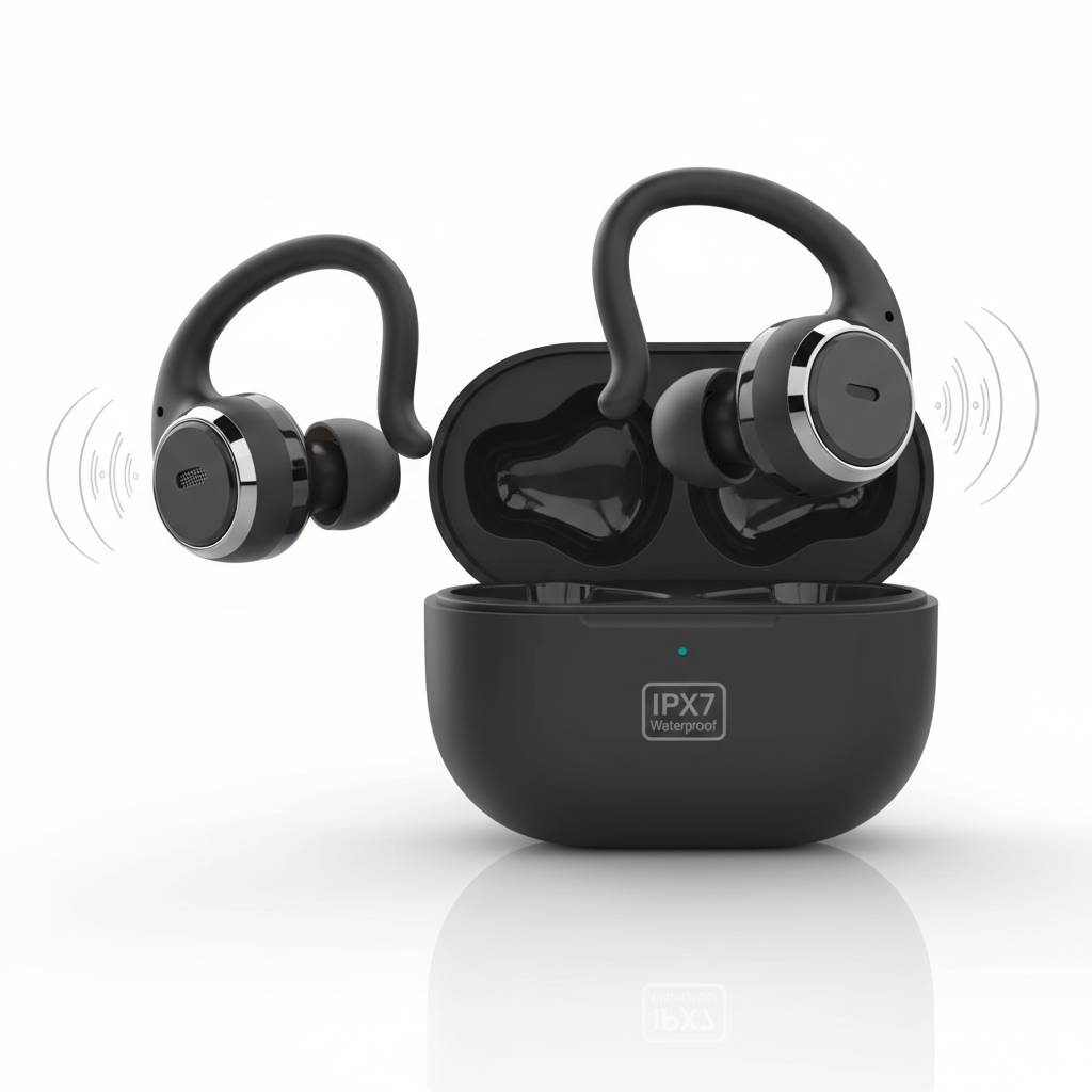 occiam Active Noise Cancelling Earbuds Wireless Bluetooth Headphones Ear Buds 90Hrs Playback Stereo Bass Earphones with Mic Over-Ear Hooks IPX7 Waterproof Headset for Work Sports Running Gym Black