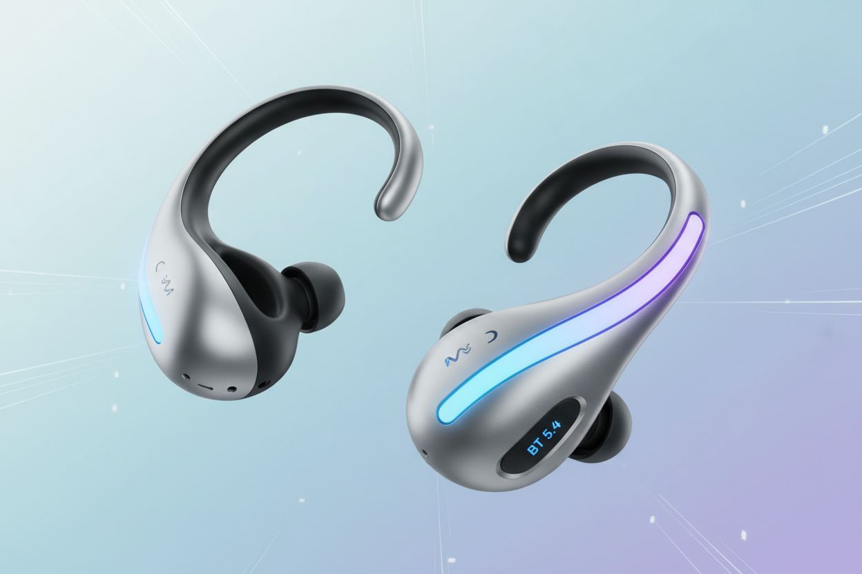 occiam Open-Ear Headphones True Wireless Ear Buds 80H Playtime Bluetooth 5.4 Headphones 164 Real-time Translation Earbuds with Glowing Ergonomic Earhook Earphones Waterproof for Sport Gym Workout